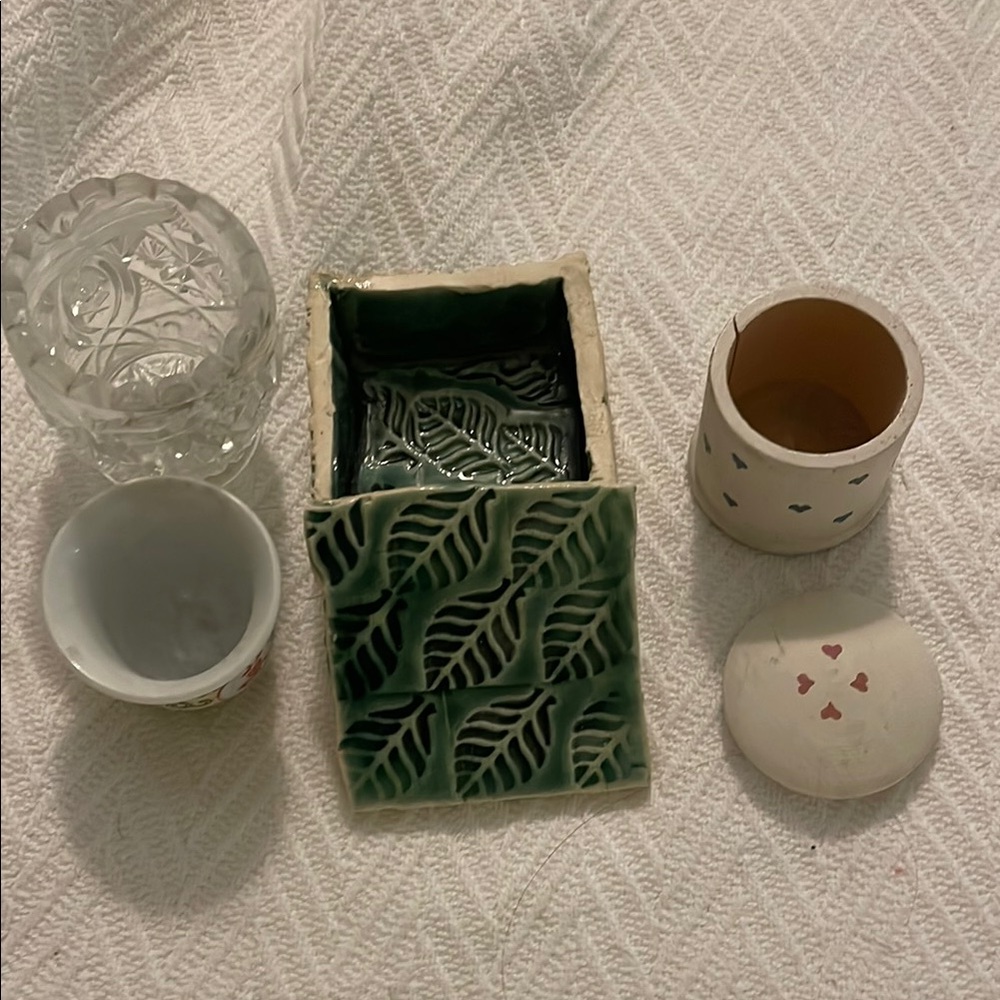 Trinket cups box Green Leaf Patterned Ceramic
